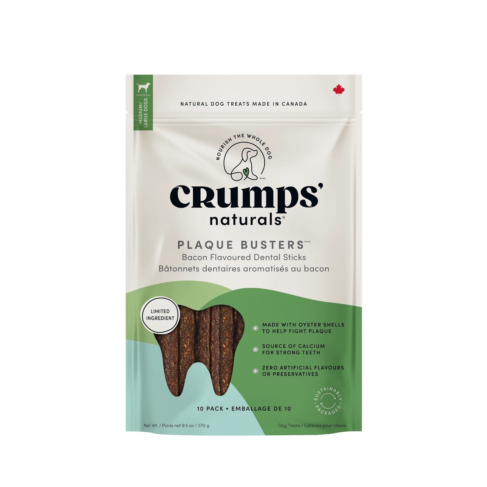 CRUMPS' NATURALS Plaque Busters Gâteries Chien Bacon 7" 270g